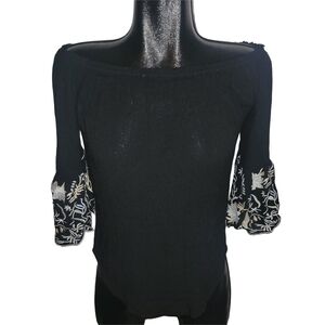Papillon Black Off-Shoulder Top with Floral Cropped Bell Sleeves L
